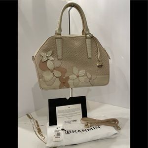 Brahmin Cream Hudson Satchel with Floral Embellishments. NWT